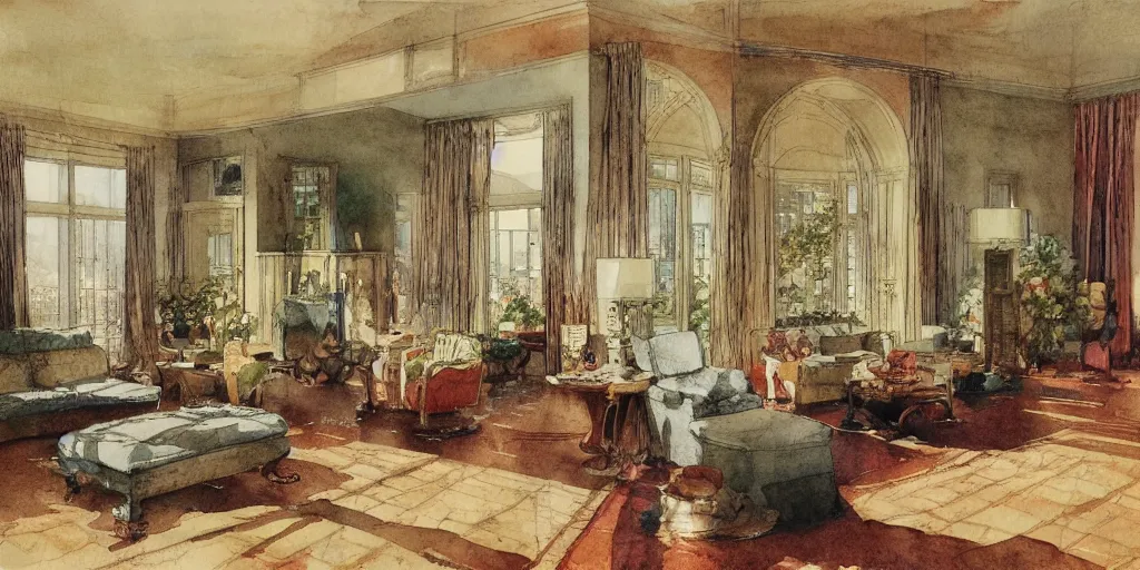 Prompt: a hiper intricate watercolor of a beatiful modern indoor living room, extremely detailed, sharp focus, wide view, smooth, digital illustration, colorfull, by william turner art, by greg rutowski, by carl larson, by edmund dulac