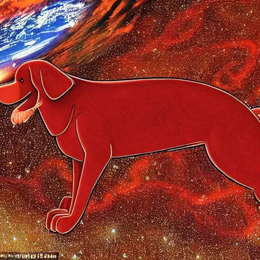 Image similar to clifford the big red dog as oroborous in the shape of a snake wrapping around the earth dozens of times zoomed out view from space