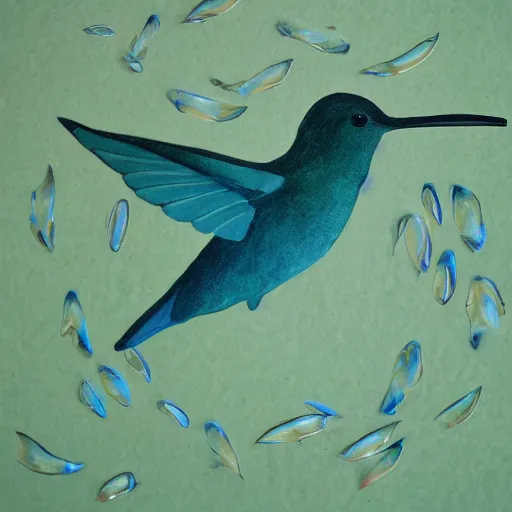 Prompt: leaf leafintact underwater liquid hummingbird polarocurated