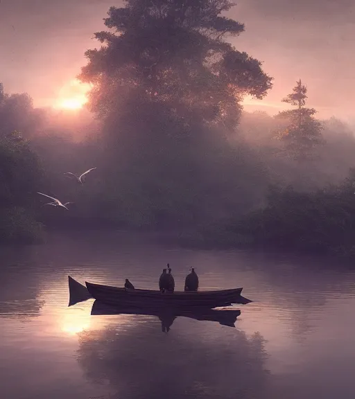 Image similar to three crows in a little boat in a swamp, volumetric lighting, majestic light, octane render, ethereal glare of the sun, hyper realistic, epic, masterpiece, by greg rutkowski