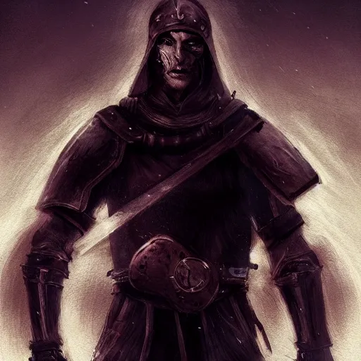 Image similar to A photo of a human medieval warrior, fantasy art, clean digital art, clean background, D&D art style, dark feeling, chill feeling