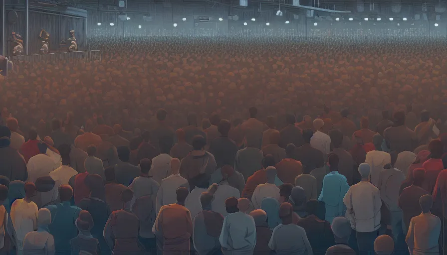 Prompt: a beautiful highly detailed matte painting close up of a crowd watching a boxing match with robots in a factory, punk styling by atay ghailan, cliff chiang, loish and goro fujita, silver, silver, brown, black, blue and cyan mystical tones, featured on artstation, featured on behance, grunge aesthetic