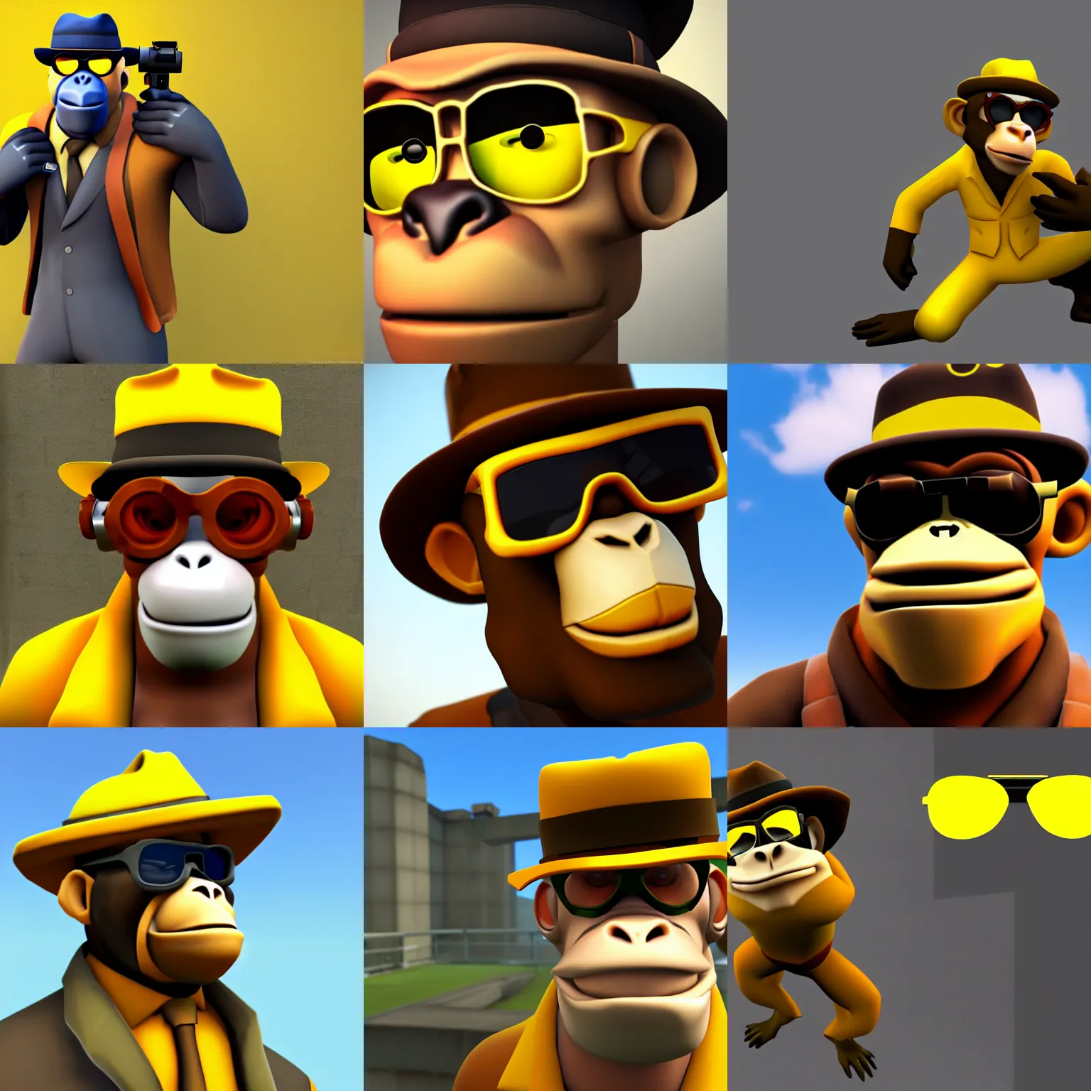 Prompt: a monkey as the team fortress 2 sniper, model, rendered in sfm, wearing a fedora and yellow sunglasses