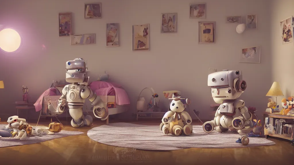 Image similar to a Photorealistic hyperrealistic Low angle view render of a vintage wind up toy robot on the floor of an interior of a beautifully decorated spoiled child's beautiful bedroom with a giant teddy bear sitting on the bed by PIXAR,Greg Rutkowski,WLOP,Artgerm,dramatic moody sunset lighting,long shadows,Volumetric, cinematic atmosphere, Octane Render,Artstation,8k