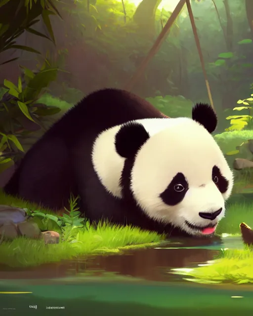 Image similar to a panda taking a bath in a spring with lush vegetation around, cory loftis, james gilleard, atey ghailan, makoto shinkai, goro fujita, character art, rim light, exquisite lighting, clear focus, very coherent, plain background, soft painting