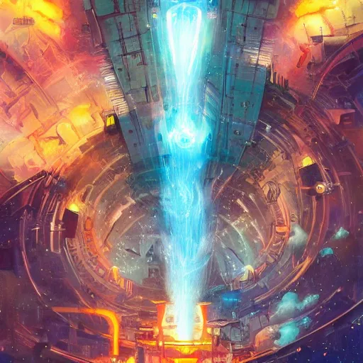 Prompt: inside rocket junk to nuclear reactor, space gates of time travel machine, vortex blue fractal, nuclear powered robot, chaos, fire, massive galaxy, stars, explosion, featured on artstation, by peter mohrbacher & victo ngai