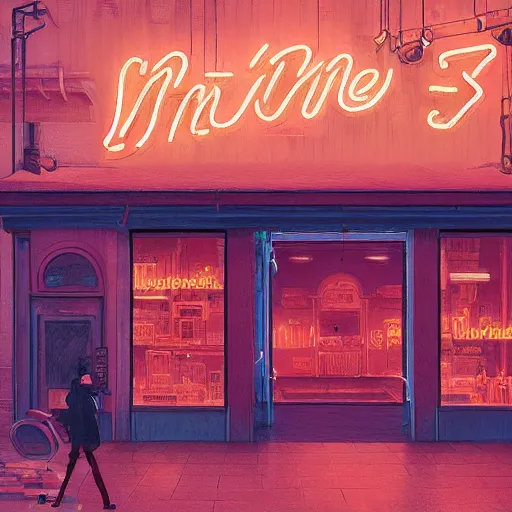 Image similar to movie scene of a store, lviv, a very misty day, a neon sign, by ian mcque ferdinand knab, makoto shinkai and lois van baarle, artgerm, pixar, ilya kuvshinov,, tom bagshaw, global illumination