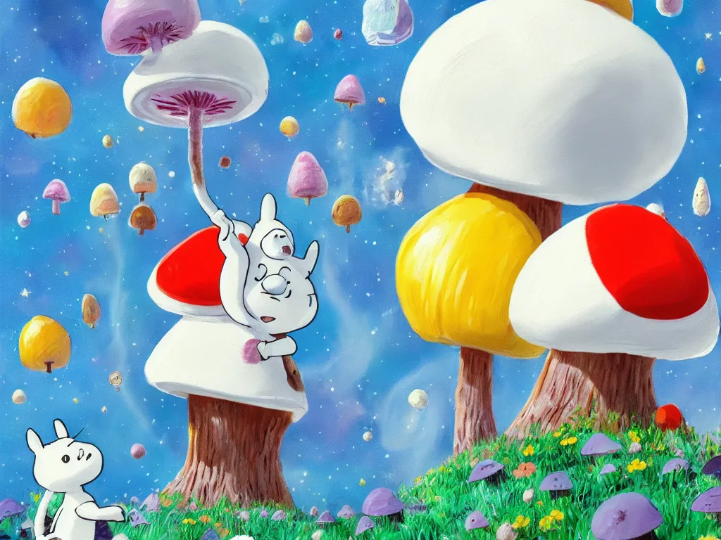 Image similar to moomins in a space suit discovering the mushroom planet, looking cute, photorealistic painting, movie still, warm colors, fluffy, cozy, low light, trending on artstation
