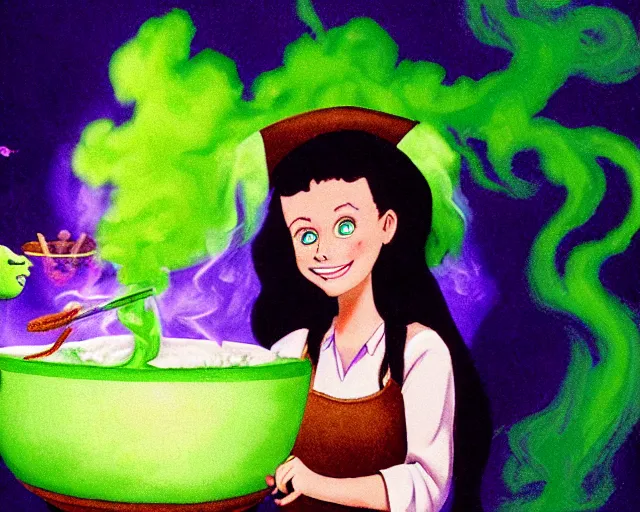 Image similar to close up portrait, happy teen witch and her cat mixing a spell in a cauldron, faint wispy green and purple smoke fills the air, a witch hat, cinematic, green glowing smoke is coming out of the cauldron, ingredients on the table, apothecary shelves in the background, still from nickelodeon show all that