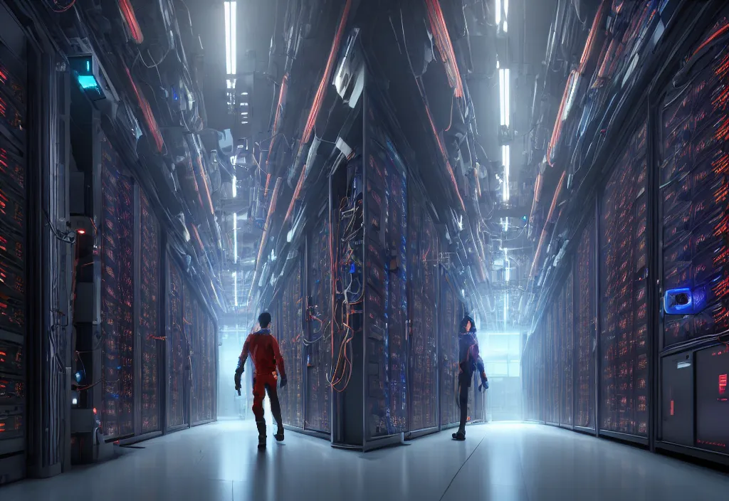 Image similar to shot of film cyborg walking in detailed server room in data center, character design, vivid color, complementary color, detailed, high quality, correct composision, correct perspective, trending on artstation, volumetric lighting, dramatic lighting by yoichi hatakenaka, cyberpunk art by asher brown durand