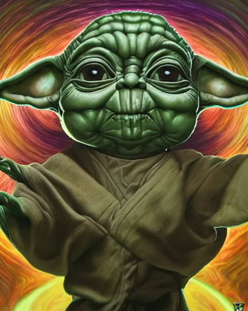 Image similar to portrait ultra dimensional baby yoda tripping on dmt, psychedelic experience, overwhelming self realization and awakening, ultra high definition, unreal engine 5, hyperrealism, masterpiece composition, surrealism by alex grey, salvador dali 8 k photorealistic