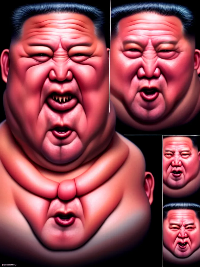 Prompt: hyperrealistic rendering, fat smooth cronenberg flesh monster kim jong - un by donato giancola and greg rutkowski and wayne barlow and zdzisław beksinski, eyeballs, product photography, action figure, sofubi, studio lighting, colored gels, colored background