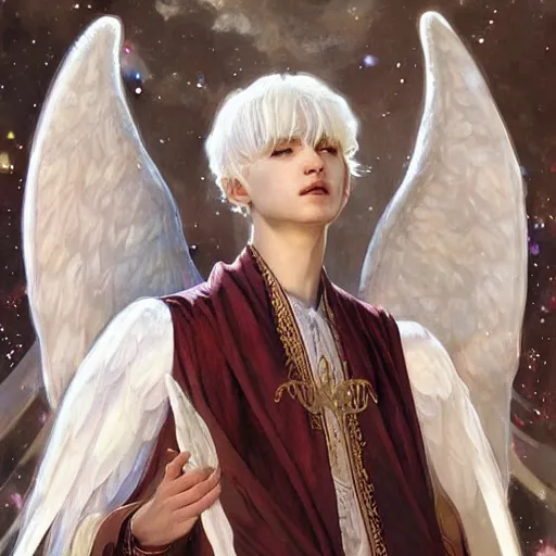 Image similar to harmony of white haired angel yoongi wearing greek clothes, muted colors, sparkles everywhere, big wings, dynamic hair movement, dynamic pose, holographic space, glowing effect, j. c leyendecker, by alan lee, wlop! illustrated by starember, fantasy art by craig mullins