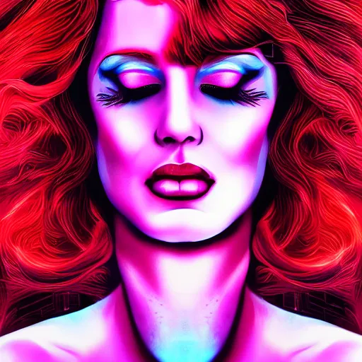 Prompt: beautiful redhead woman, synthwave art, closeup