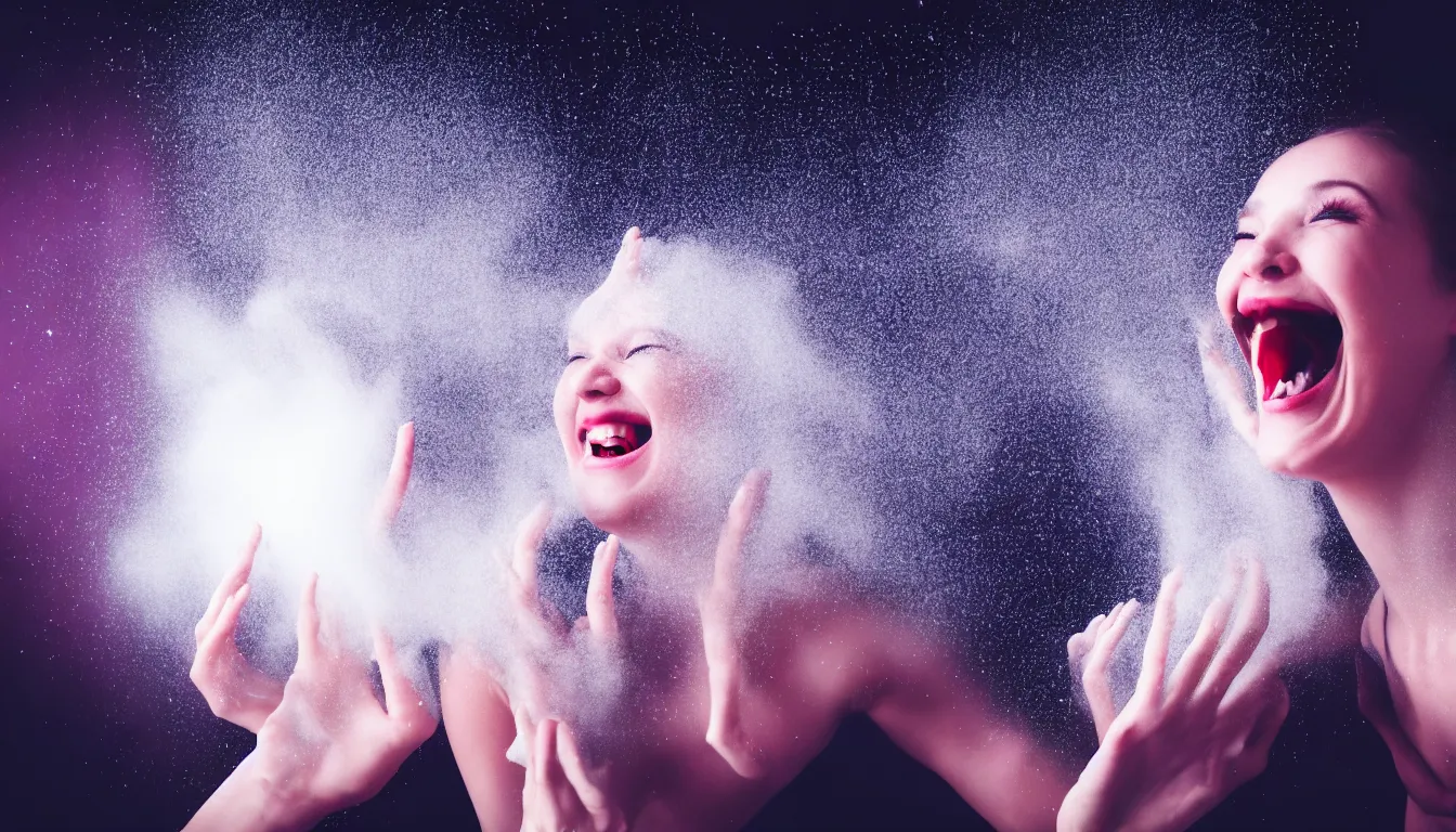 Prompt: humans , feedback loop , burst of powders ,volumetric lighting, twisting vapour, bellowing dust , emerging hands and beautiful laughing with woman’s face , full colour , upscale , 4k