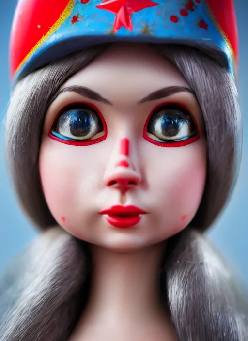 Image similar to closeup profile portrait of tin toy russian girl soviet test pilot, bikini, depth of field, zeiss lens, detailed, symmetrical, centered, fashion photoshoot, by nicoletta ceccoli, mark ryden, lostfish, breathtaking, 8 k resolution, extremely detailed, beautiful, establishing shot, artistic, hyperrealistic, octane render