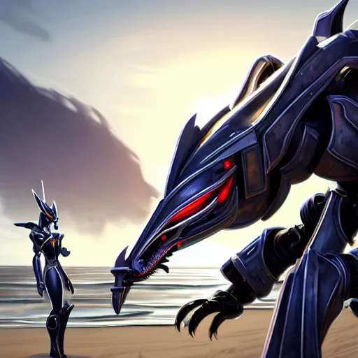 Image similar to pov shot being held in the metal hand of a cute stunning robot anthropomorphic female dragon, with sleek silver armor, a black OLED visor over the eyes, her maw open in front of the camera, about to consume you, on the beach at sunset, highly detailed digital art, furry art, anthro art, sci fi, warframe art, destiny art, high quality, 3D realistic, mawshot, Furaffinity, Deviantart