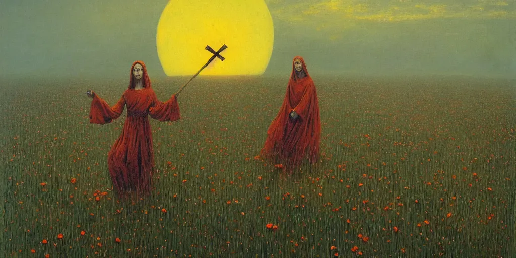 Prompt: a witch with a pumpkin head burning on a cross at sunset casting shadows across a field of flowers, beksinski, dariusz zawadzki