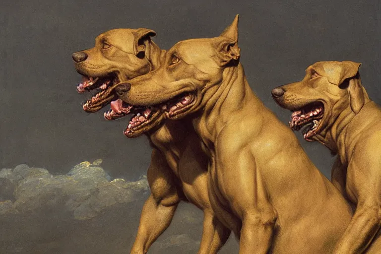 Image similar to hyperdetailed matte art of a three headed dog cerberus by william blake, ilya repin, amano, rene magritte, craig mullins, three headed dog cerberus, details