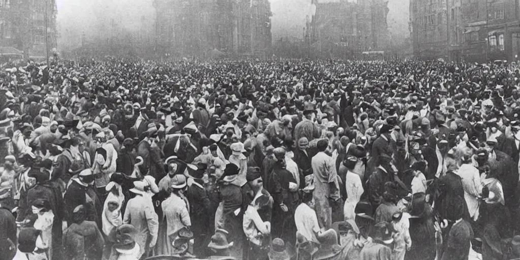 Image similar to scary unproportionable tall ghost creature in the middle of a crowd, 1900s picture