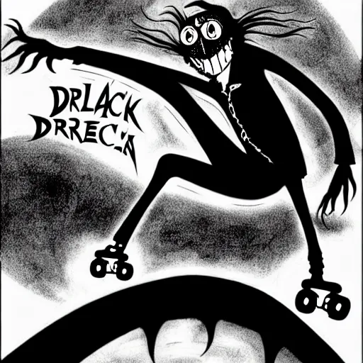 Prompt: black and white trippy comic art of dracula roller skating on roller skates, drawn by martin rowson, tim burton, studio ghibli, alex pardee, nekro petros afshar, james mcdermott, cgsociety 4 k