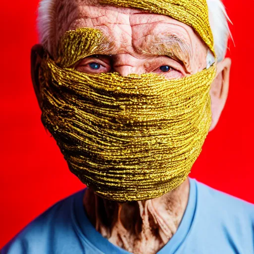 Image similar to an elderly man wearing a mask made from ramen noodles, bold natural colors, national geographic photography, masterpiece, 8 k, raw, unedited, symmetrical balance