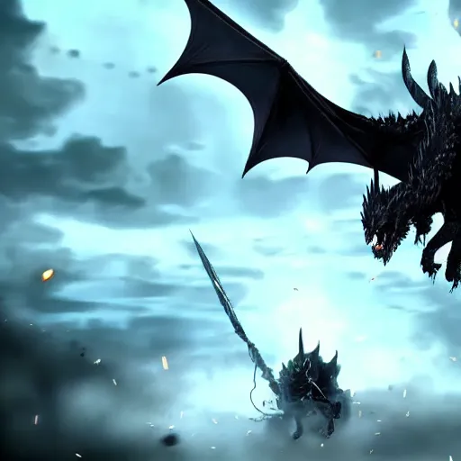 Prompt: Boss fight against a black dragon, dramatic, epic, high quality, cinematic