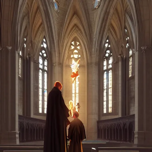 Image similar to angel protecting man who is praying inside a gothic church by Stanley Artgerm Lau, WLOP, Rossdraws, James Jean, Andrei Riabovitchev, Marc Simonetti, Yoshitaka Amano, ArtStation, CGSociety
