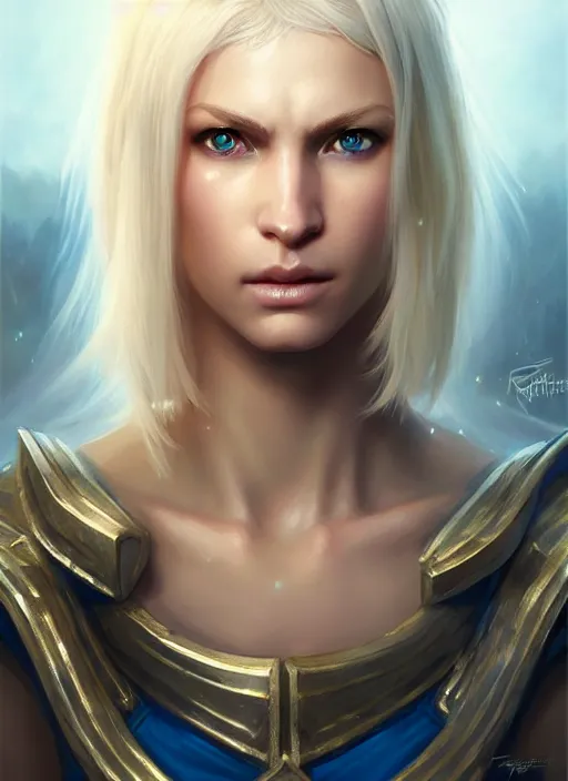 Image similar to a _ fantasy _ style _ portrait _ painting _ of white female paladin with blonde hair and blue eyes shy, scar under left eye, holy oil _ painting _ unreal _ 5 _ daz. _ rpg _ portrait _ extremely _ detailed _ artgerm _ greg _ rutkowski _ greg