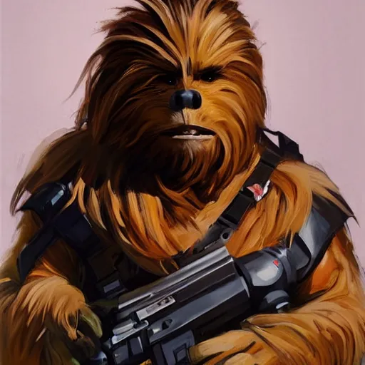 Image similar to greg manchess portrait painting of chewbacca as overwatch character, medium shot, asymmetrical, profile picture, organic painting, sunny day, matte painting, bold shapes, hard edges, street art, trending on artstation, by huang guangjian and gil elvgren and sachin teng