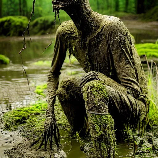 Image similar to Enigmatic Slender Man with Mud and Moss over his skin and plants growing on him is kneeling in a dirty pond, Photorealistic, Sunlight, Photograph, National Geographic, Hyperdetailed
