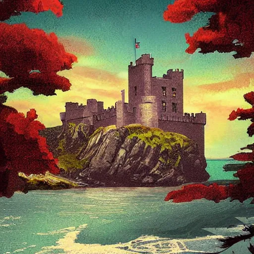 Prompt: Irish castle on an island, digital art, vintage pulp art