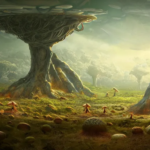 Prompt: scientists take their first steps on a strange alien planet full of mushrooms and other complex fungi, 8 k resolution matte painting trending on artstation