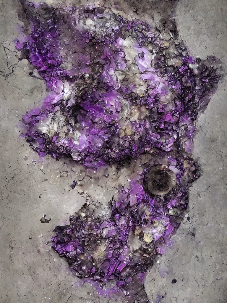 Image similar to big purple sapphire crystal gems embedded, worn decay texture, intricate concept art painting, fantasy, nature grotesque dark