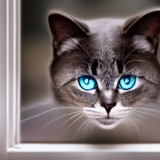 Prompt: A beautiful photo of a cat looking out of the window at night,It has big blue eyes , Photography , Highly Detailed
