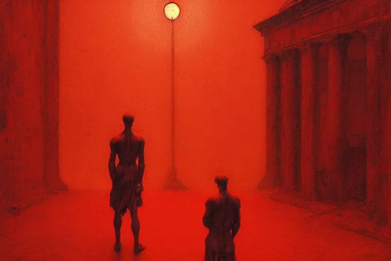 Image similar to only with red, caesar after war, a red tiger, in hoc signo vinces, rome in background, an ancient path, in the style of beksinski, part by hopper, part by rodcenko, part by hofbauer, intricate composition, red by caravaggio, insanely quality, highly detailed, masterpiece, red light, artstation