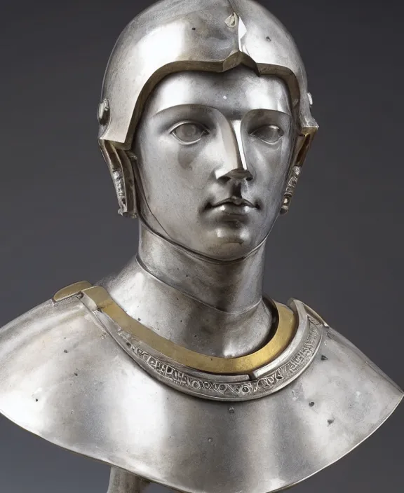 Image similar to a modern marble and ruby sculptural bust of a male knight, wearing silver armor, delicate, intricate, smooth, beautiful, by charles van der stappen