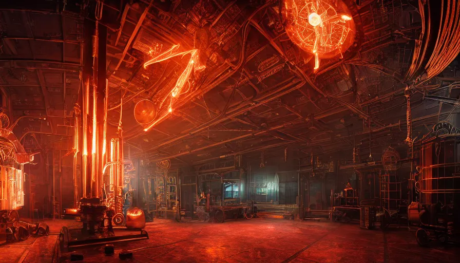 Prompt: A glowing electrical Steampunk space rocket in a victorian museum, james gurney, cinematic lighting, lots of steam and sparks, wires made of copper, artstation, vibrant nature, Tuomas Korpi, tekkon kinreet, volumetric light, artstation, , octane render, redshift render, low angle camera, rich deep moody colors