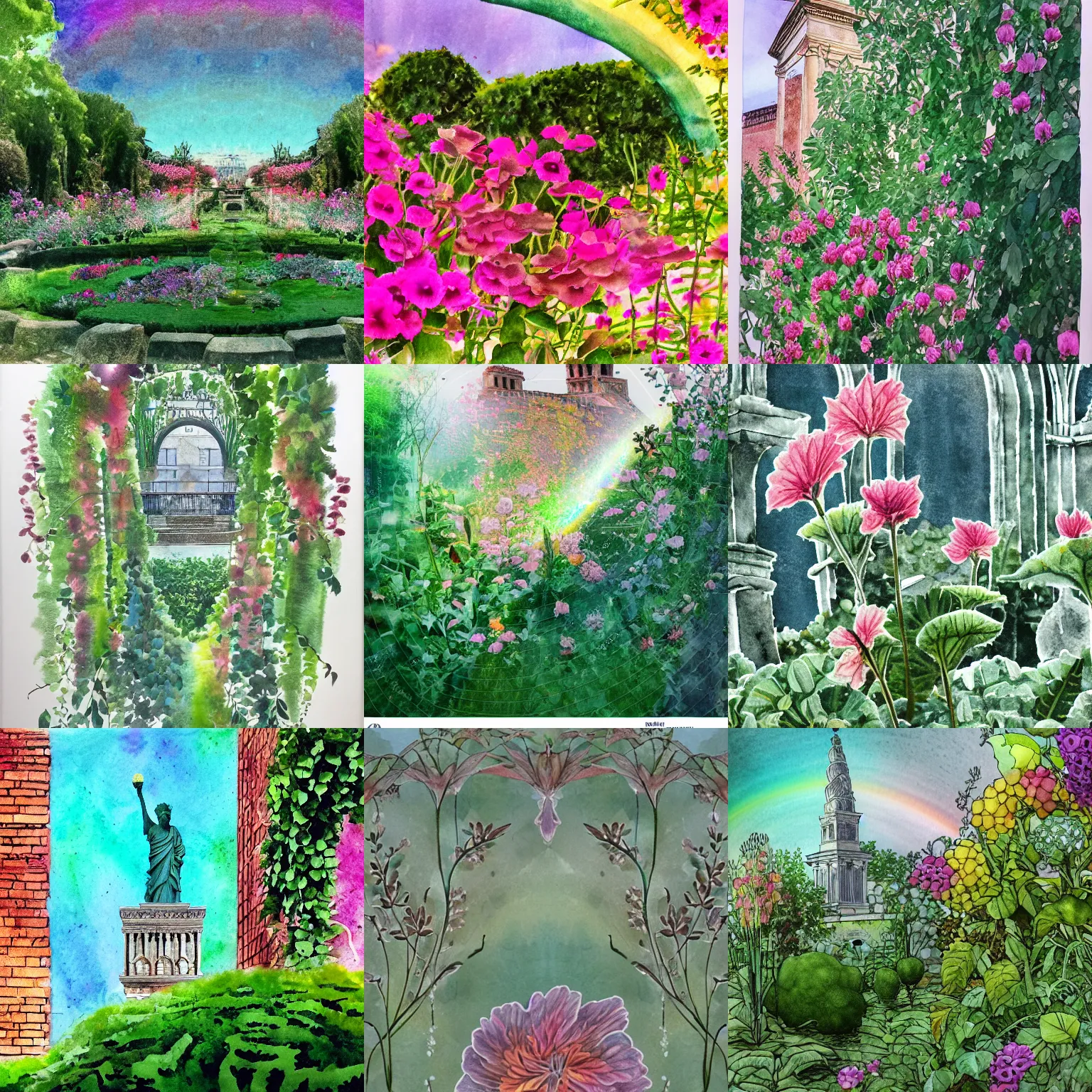 Prompt: delicate garden on paper floating puffy vines botanical herbarium botanic watercolors iridescent 8 k wide angle realistic artstation italian rainbow neoliberty architecture pompeii