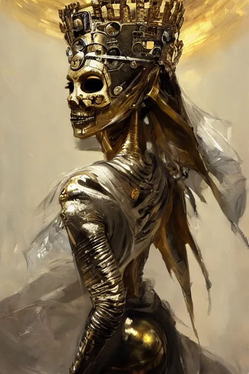 Image similar to beautiful expressive oil painting portrait of ancient god queen, silver exoskeleton, with a gold skull mask, cyberpunk, alien semiotic symbols, art by anders zorn, wonderful masterpiece by greg rutkowski, beautiful cinematic light, american romanticism by greg manchess, jessica rossier