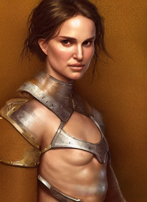 Image similar to portrait of natalie portman as a legendary knight warrior, au naturel, hyper detailed, digital art, trending in artstation, cinematic lighting, studio quality, smooth render, unreal engine 5 rendered, octane rendered, art style by klimt and nixeu and ian sprigger and wlop and krenz cushart.