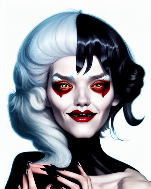 Prompt: digital art, centered portrait of smiling cruella deville, creepy, cold light, somber by james jean and by artgerm, by ross tran, ultradetailed, charachter design, concept art, trending on artstation,