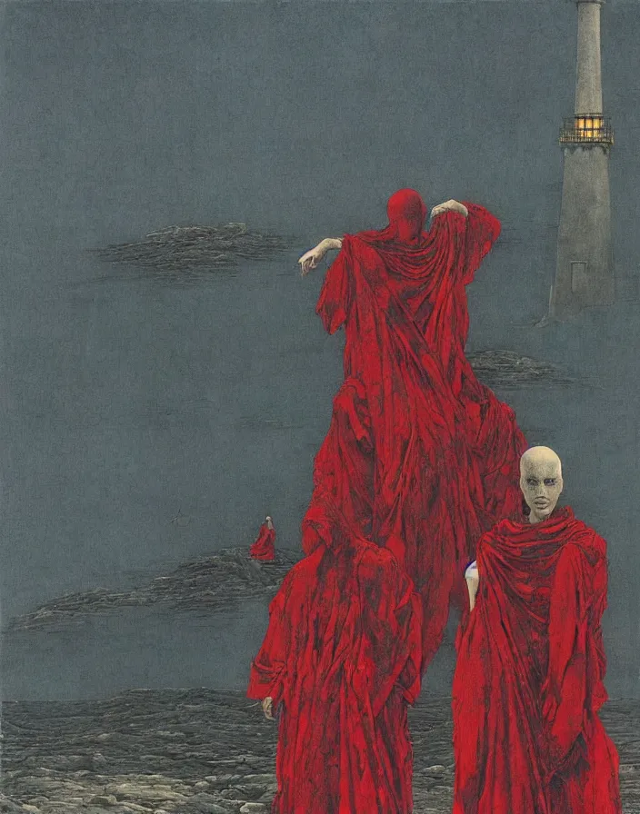 Prompt: worshippers in red robes belonging to the cult of the lighthouse entering the door of the light house, high detailed beksinski painting, part by adrian ghenie and gerhard richter. art by takato yamamoto. masterpiece, deep colours, blue