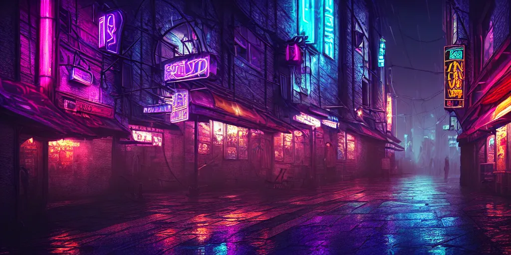 Prompt: fantasy medieval cyberpunk townscape, rain, neon signs, cinematic establishing shot, purple teal blue white pink orange color scheme, sharp focus, very realistic, photorealistic, intricately detailed, finely textured, cgsociety