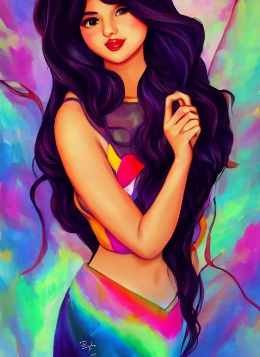 Prompt: beautiful thirty year old woman with long black hair, tan skin, curvy hourglass figure, round cute face, slightly resembles selena gomez wearing a colorful disney princess gown at her birthday party. beautiful painting by lois van baarle and artgerm