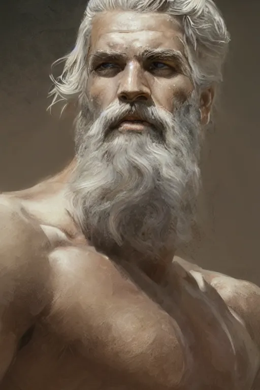 Image similar to painted portrait of rugged zeus, god of thunder, greek god, white hair, masculine, mature, handsome, upper body, muscular, hairy chest, fantasy, intricate, elegant, highly detailed, digital painting, artstation, concept art, smooth, sharp focus, illustration, art by gaston bussiere and greg rutkowski