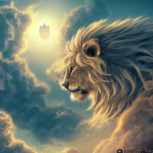 Image similar to the ancient world, hyper complexity, highly detailed, cinematic lighting, pastel colored sunrise, flying robotic cat with gold metal huge wings on its back in the cloudy sky, sharp outlines, complete whole lion body, another sleeping cat face in the clouds watching each other, hyperrealistic, trending on pixiv fanbox, love death robot,