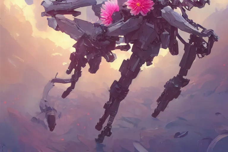 Image similar to flower headed combat mecha whose top half is shaped like a waterlily, bandai box art, behance hd artstation by jesper ejsing, rhads, makoto shinkai, lois van baarle, ilya kuvshinov, ossdraws, laurie greasley, victo ngai, andreas rocha, gundam box art
