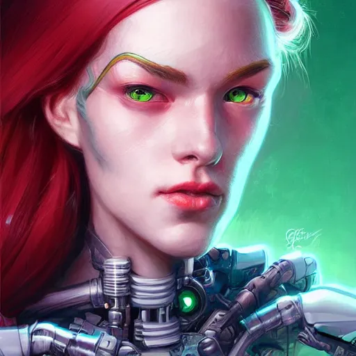 Image similar to a portrait of a beautiful cyborg girl, red hair, glowing green eyes, urban motifs, intricate, elegant, highly detailed, digital painting, trending on artstation, concept art, smooth sharp focus, illustration, art by artgerm and greg rutkowski