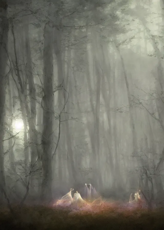 Image similar to the twilight dance of the fae by aleksi briclot, greg rutkowski and ivan aivazovsky, dancers in white lit only by the moon, contemporary dance on the forest floor, contemporary dance, volumetric, atmospheric, watercolor, surrealist, artstation, artgerm, concept art